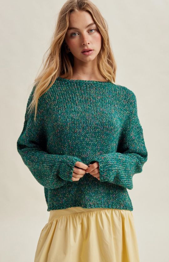 Multi Color Yarn Crew Neck Sweater, Color: Teal Multi, Size: Small