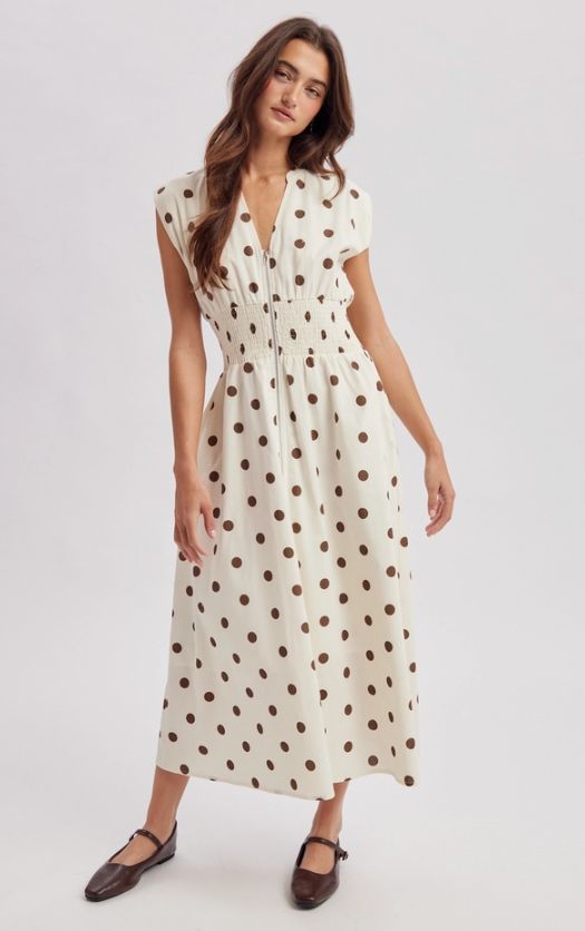 Polka Dot Zip Midi Dress, Color: Cream, Size: Small