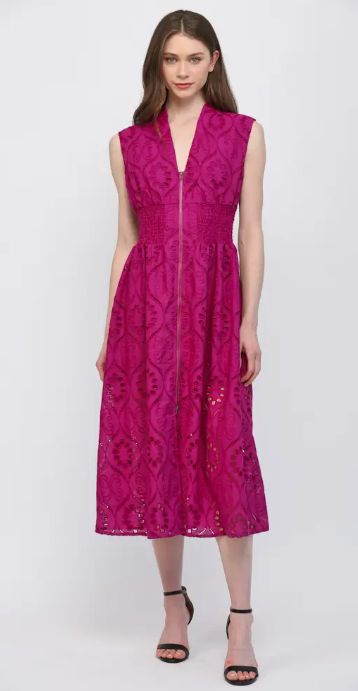 Front Zip Closure Emb Eyelet Lace Midi Dress, Color: Magenta, Size: Small