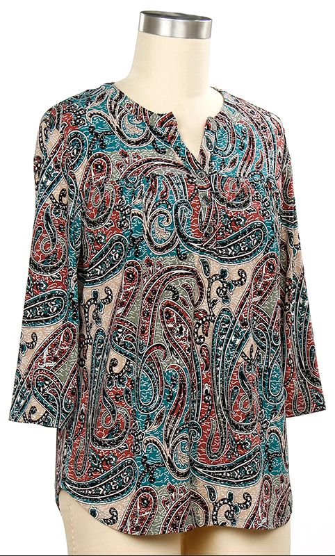 Delightful 3/4 Sleeve Paisley Top, Color: Teal Brown Multi, Size: Small