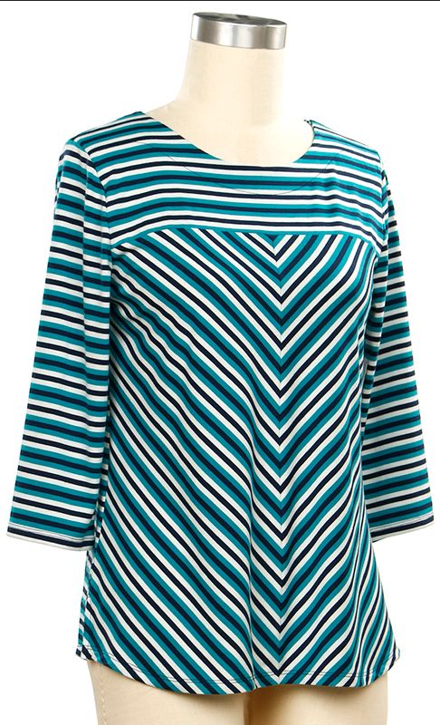 Delightful 3/4 Sleeve YD Stripe Top, Color: Teal Sky Navy Stripe, Size: Small