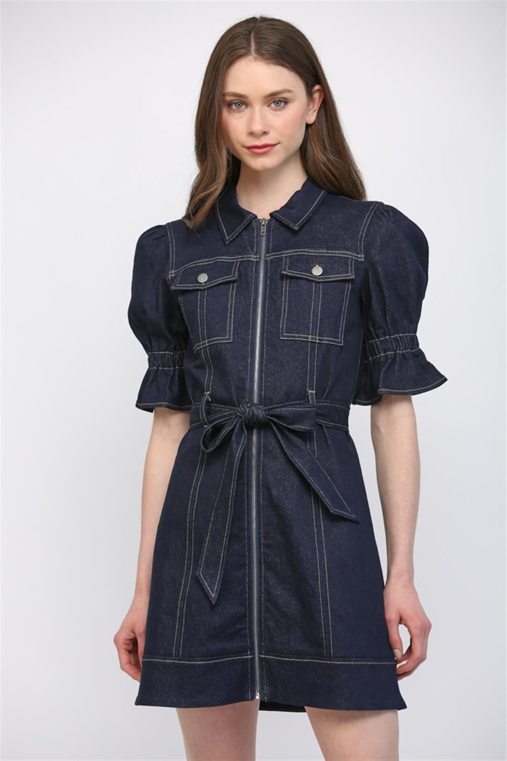 Two Front Chest Pocket Detail Zip Closure Dress, Color: Dark Denim, Size: Small