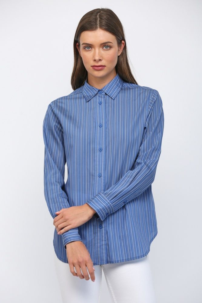 Tencel Blend Pinstripe Long Slv Button Down Shirt, Color: Blue, Size: Small