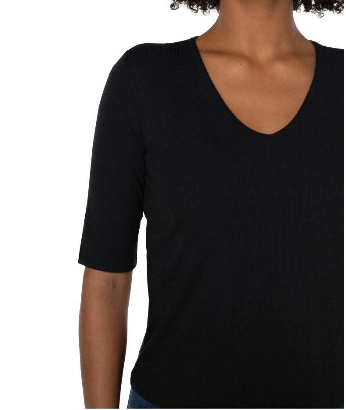 Double Layer V-neck Rib Knit Top, Color: Black, Size: Small