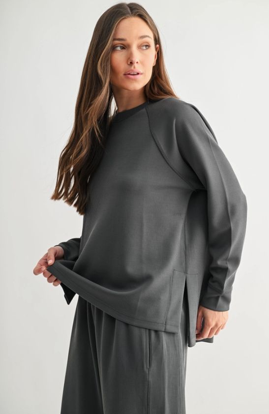 Luxe Sand Wash Rib Raglan Long Sleeve, Color: Ash Grey, Size: Small