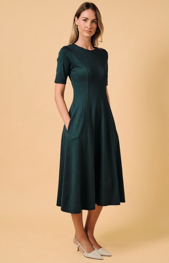 Round Neck Elbow Sleeve Vertival Panel Ponte Midi Dress, Color: Spruce, Size: Small