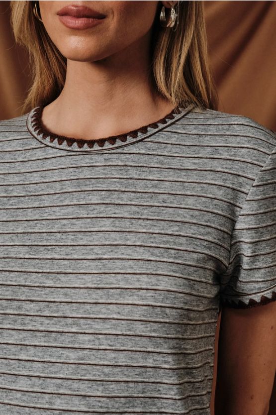Round Neck Short Sleeve Stitch Detail Stripe Baby Tee