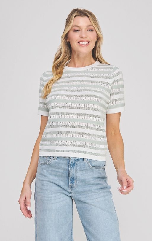 Short Sleeve Round Neck Color Block Knit Top, Color: Sage Stripe, Size: Small