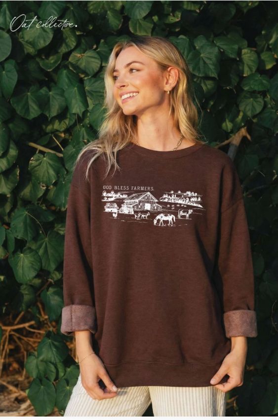 God Bless Farmers. Graphic Sweatshirt, Color: Chocolate, Size: Small