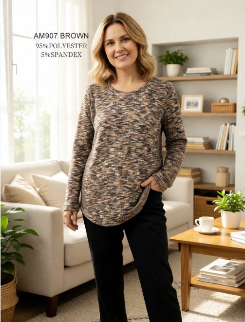 Printed Long Sleeve Top, Color: Brown, Size: Small