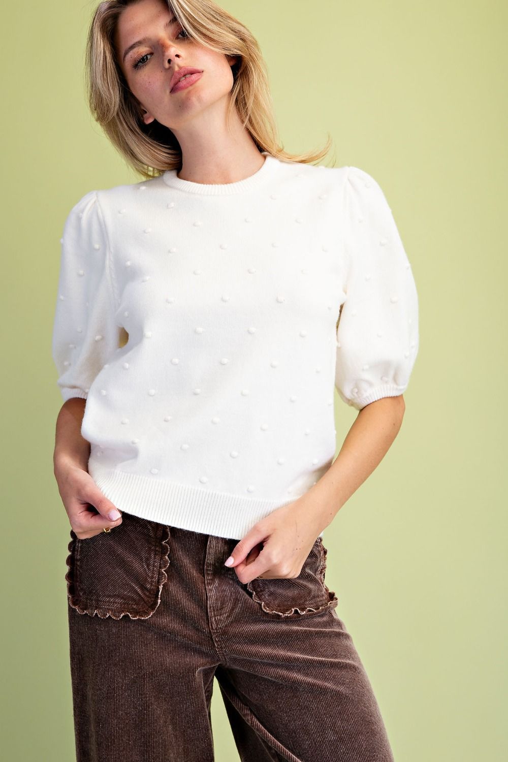 Short Sleeve Pompom Knitted Sweater Top, Color: Ivory, Size: Small
