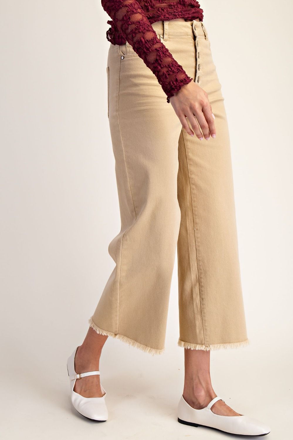 Button Front Stretch Twill Bell Bottom Pants