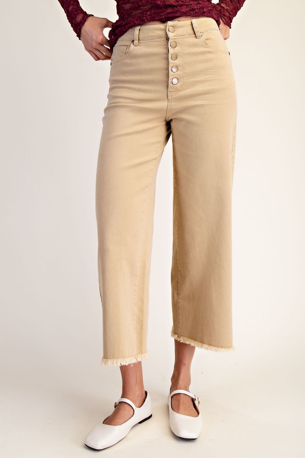 Button Front Stretch Twill Bell Bottom Pants, Color: Almond, Size: Small