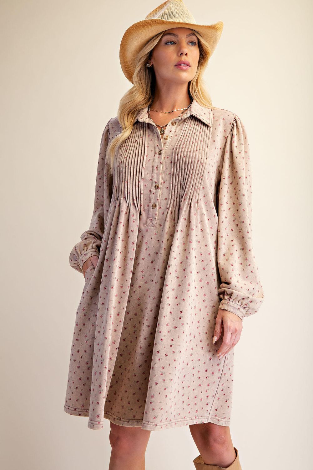 Floral Printed Washed Terry Dress, Color: Khaki, Size: Small