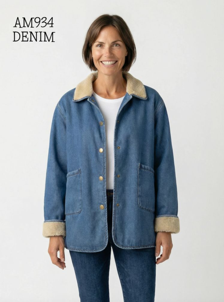 Fuzzy Detail Denim Jacket, Color: Denim, Size: Small
