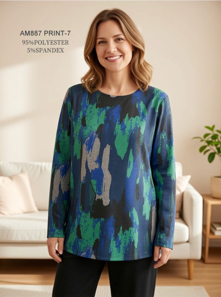Print Long Sleeve Top, Color: Green/Blue (#7), Size: Small