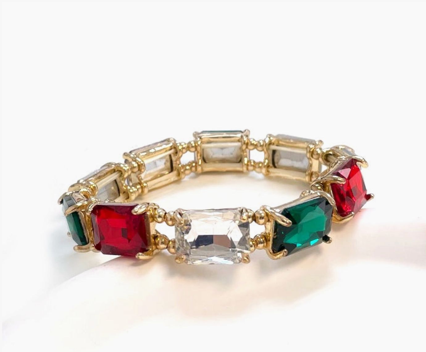 Red, Clear, and Green Rectangle Crystal Stretch Bracelet
