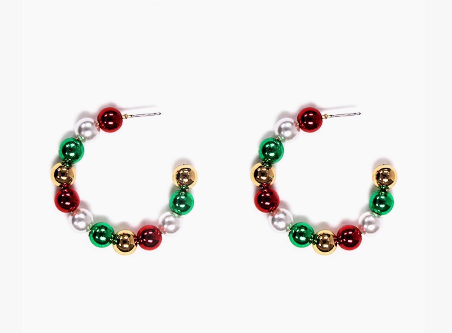 Set of Three Red, White, Green Christmas Beaded 1" Hoop Earring