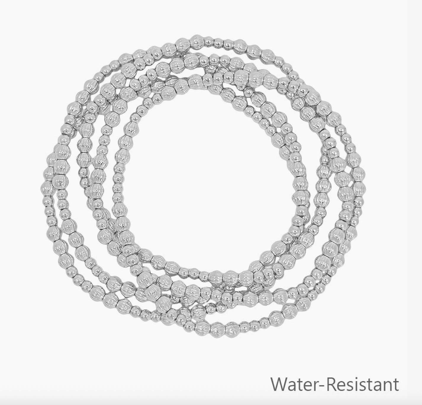 Water Resistant Set of 5 Silver 4mm and 3mm Beaded Stretch Bracelets