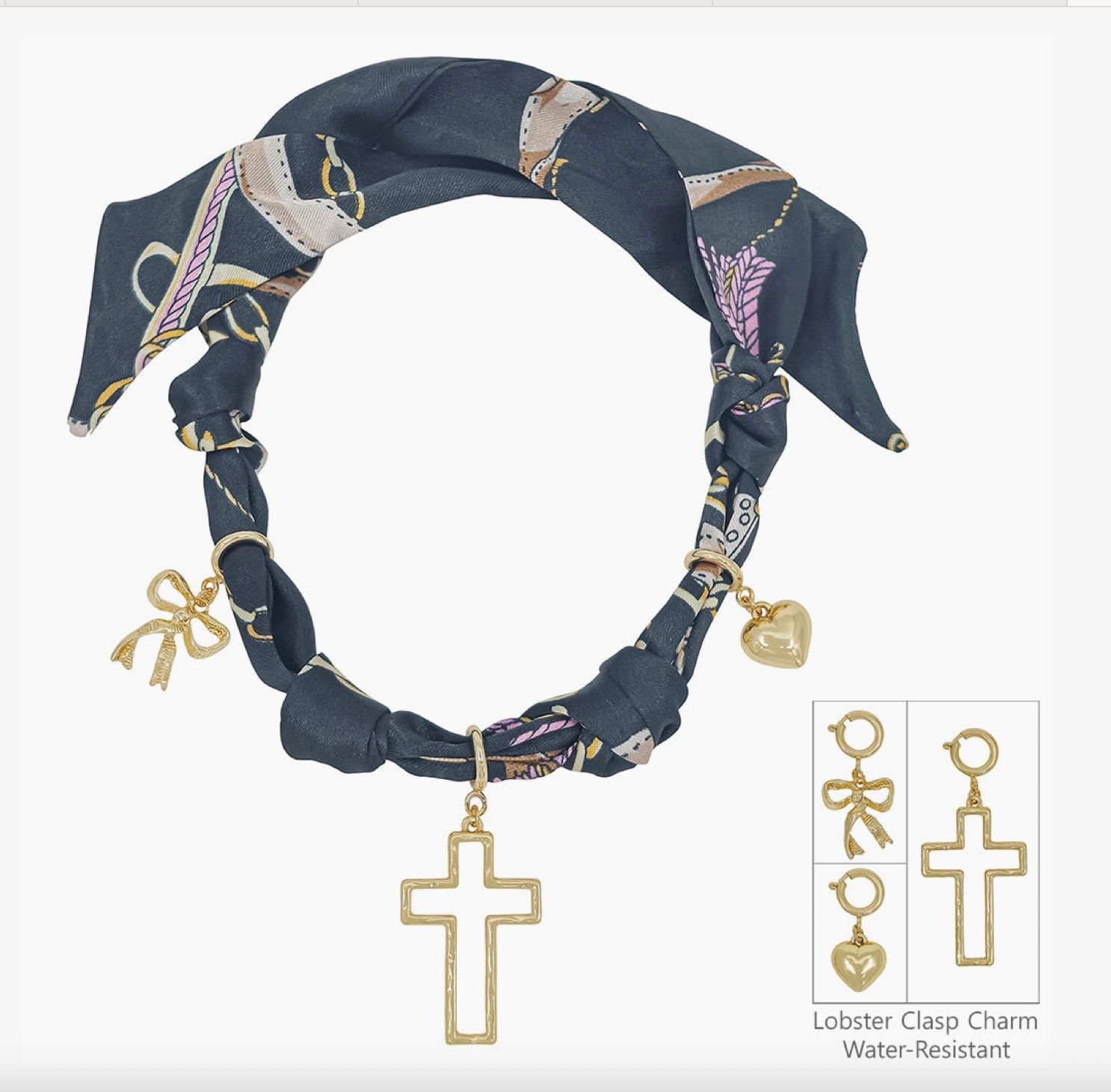 Knotted Scarf Necklace with Charms, Color: Black