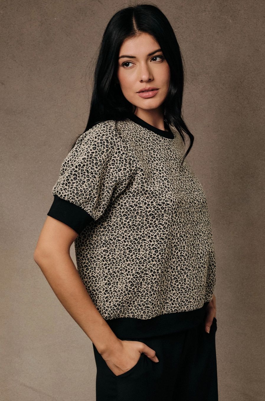 Half Puff Sleeve Animal Print Crew Neck Top