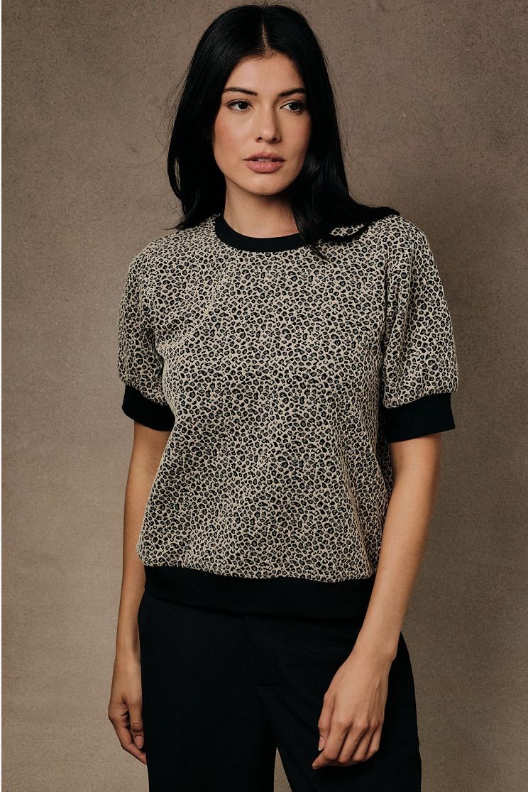 Half Puff Sleeve Animal Print Crew Neck Top, Color: Black, Size: Small