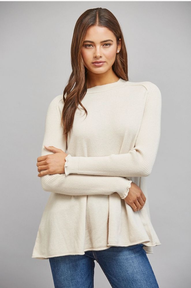 Ribbed Knit Slv Cashmere Blend Crewneck Sweater, Color: Beige, Size: Small