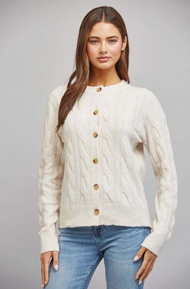 Cable Knit Button Closure Cardigan, Color: Oatmeal, Size: Small