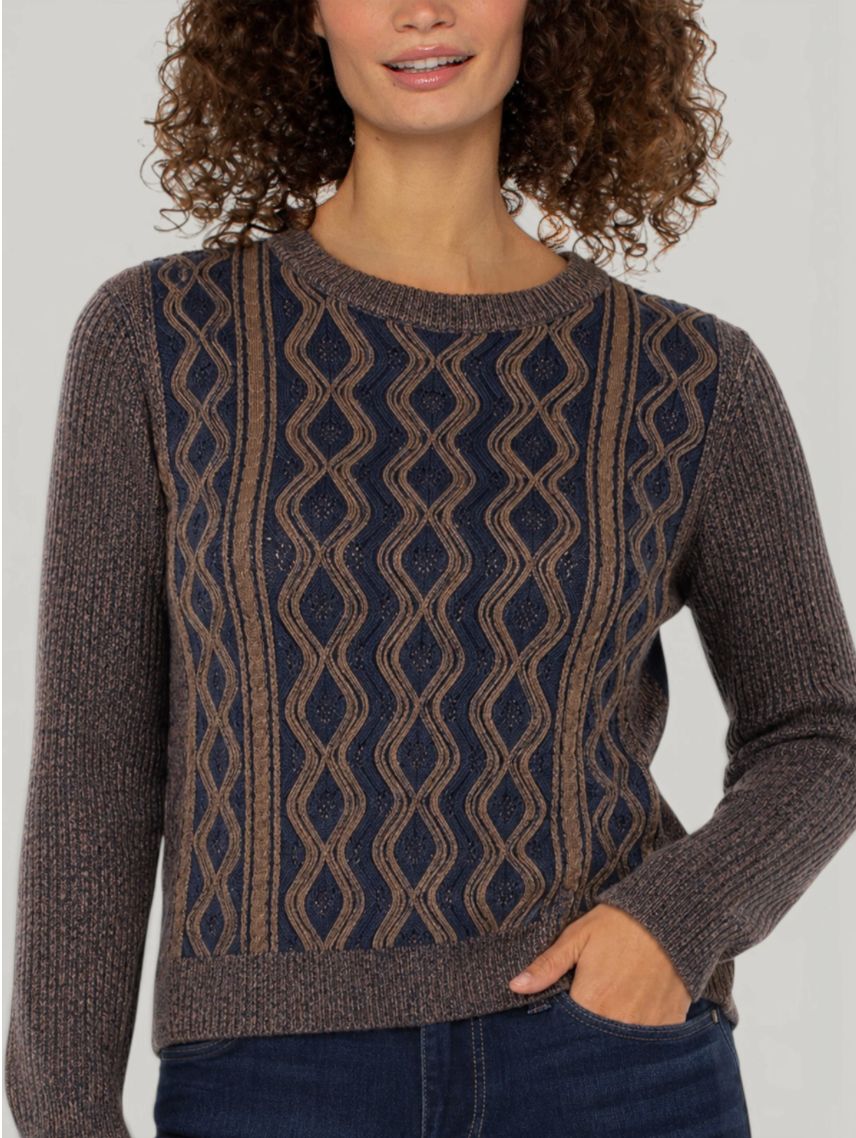 Long Sleeve Crew Neck Sweater, Color: Navy/Brown, Size: Small