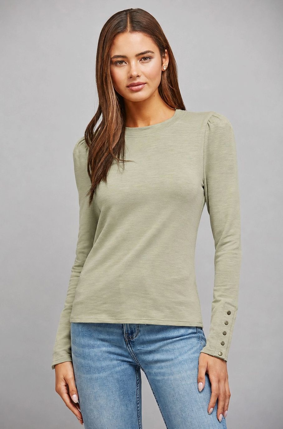 Slub Knit Long Puff Sleeve Fitted Top, Color: Sage, Size: Small