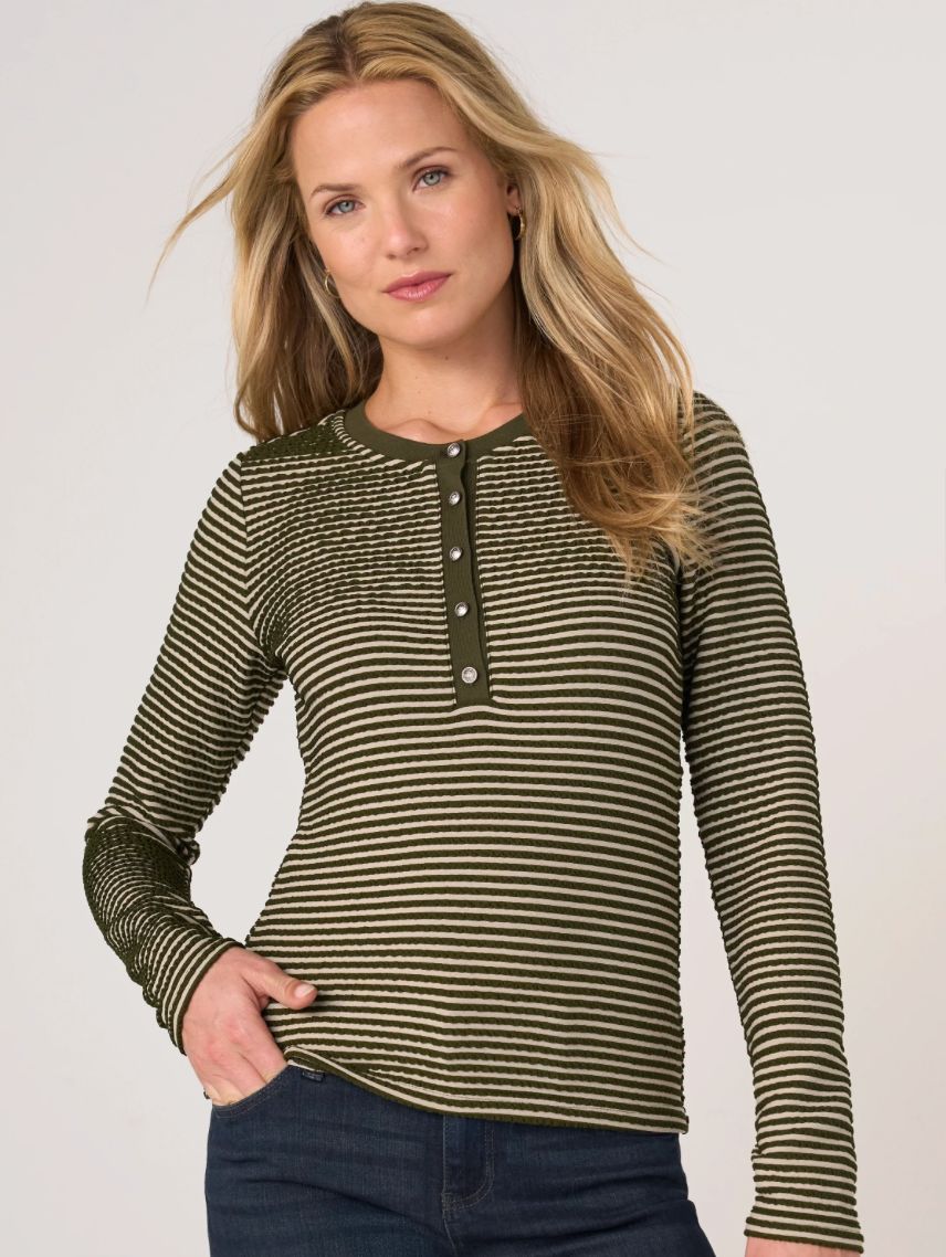 Long Sleeve Knit Henley Top with Sweater Trim, Color: Olive Cream Stripe, Size: Small