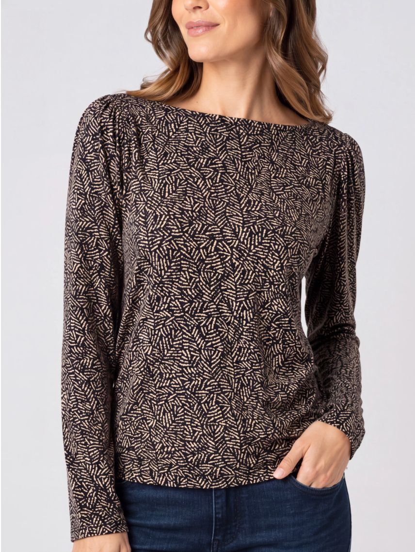 Long Sleeve Jewel Neck Top, Color: Tan Black Multi, Size: Small