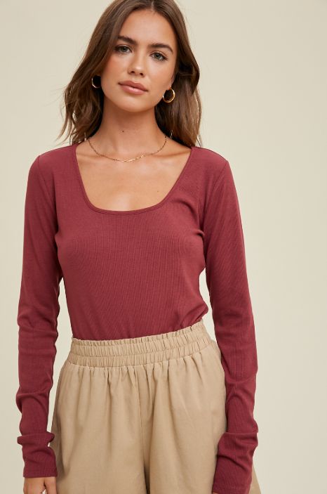 Square Neck Ribbed Knit Top, Color: Wine, Size: Small