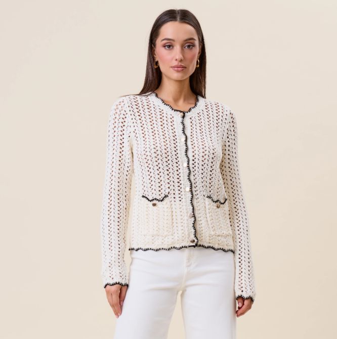 Light Weight Sweater Cardigan, Color: Cream-Black, Size: Small