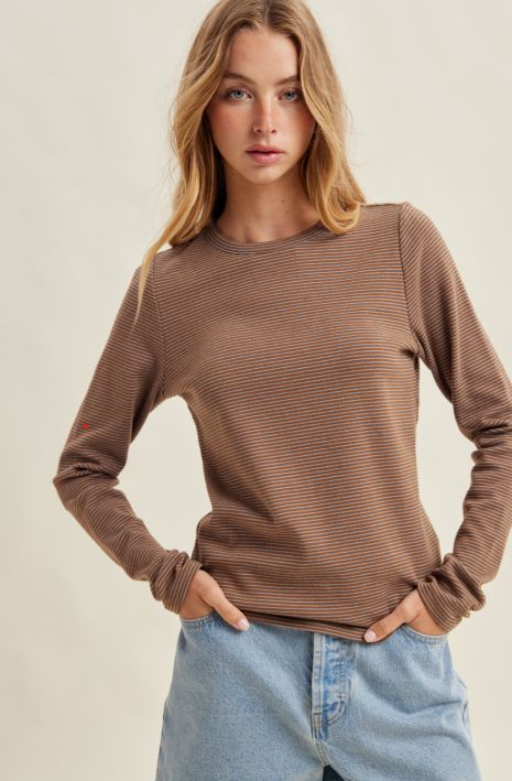 Stripe Crew Neck Knit Top, Color: Camel/Sky, Size: Small