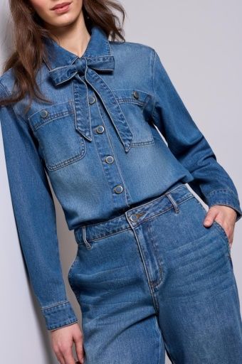 Denim Blouse w/ Removable Self Tie, Colour: Authentic Blue, Size: X-Small