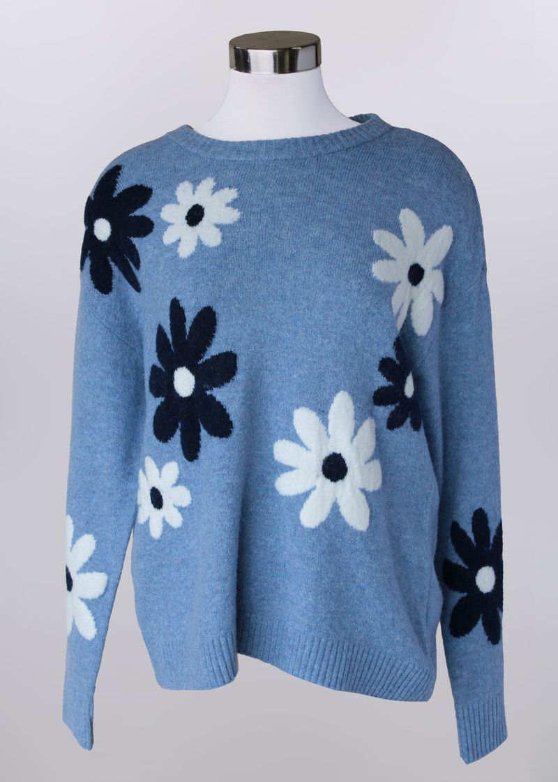 Two Toned Floral Knit Sweater, Color: Chambray, Size: Small