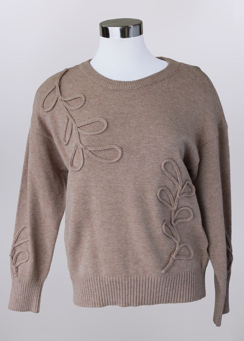 Leaf Embroidered Boat Neck Sweater, Color: Camel, Size: Small