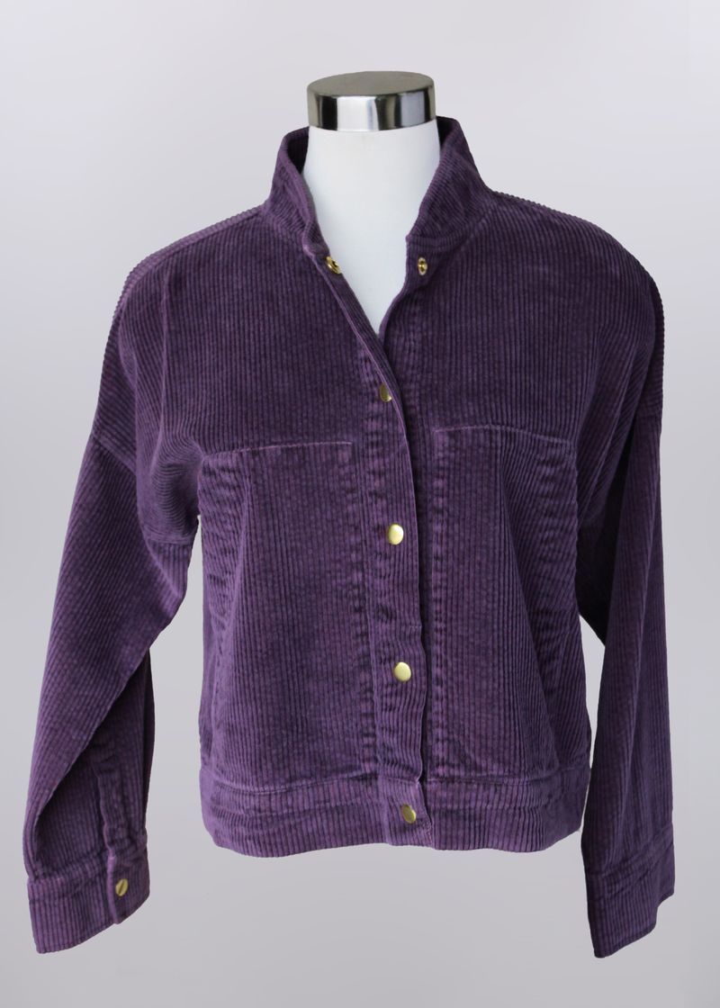 Corduroy Buttoned Jacket, Color: Grape, Size: Small