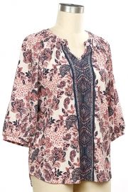 Denim Darling 3/4 Sleeve Peasant Top, Color: Darker Ink Coral Tan, Size: Small