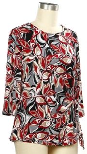 Heartful 3/4 Sleeve Leaves Print Top, Color: Black Red, Size: Small