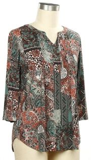 Joyful 3/4 Sleeve Printed Top, Color: Dark Gemstone Sunset, Size: Small