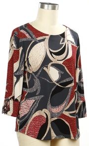 Jitterbug 3/4 Tie Sleeve Printed Top, Color: Charcoal Earthen Red, Size: Small
