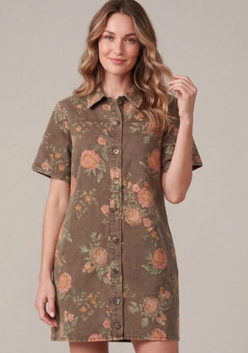 Washed Floral Print Denim Dress