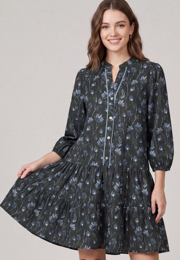 3/4 Sleeve Woven Print Button Down Tiered Mini Dress