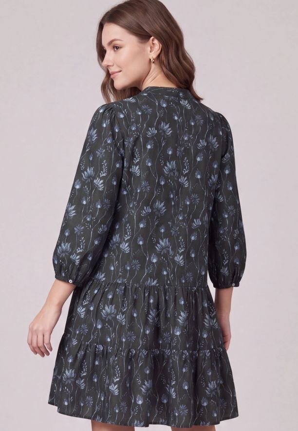 3/4 Sleeve Woven Print Button Down Tiered Mini Dress