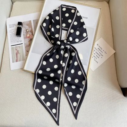 Polka Dot Simple Geometric Long Silk Head Scarf, Color: Black