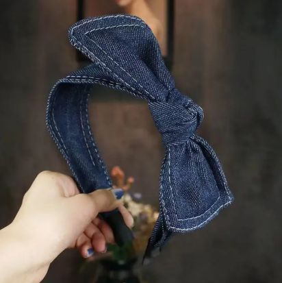 Women Denim Wide-Brimmed Bow Headband, Color: Dark Blue