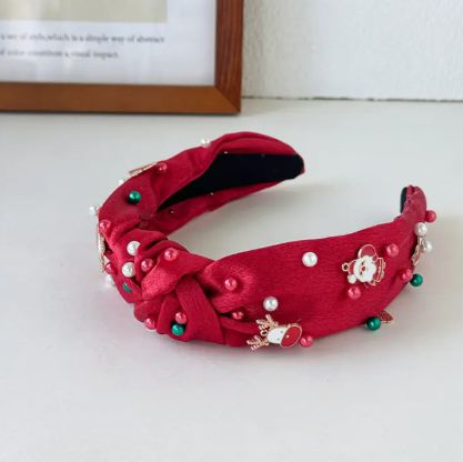 Christmas Pearl Satin Knot Headband Wide, Color: Wine
