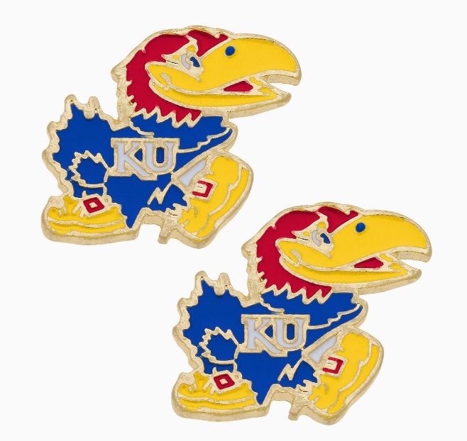 Kansas Jayhawks Enamel Logo Stud Earrings in Shiny Gold